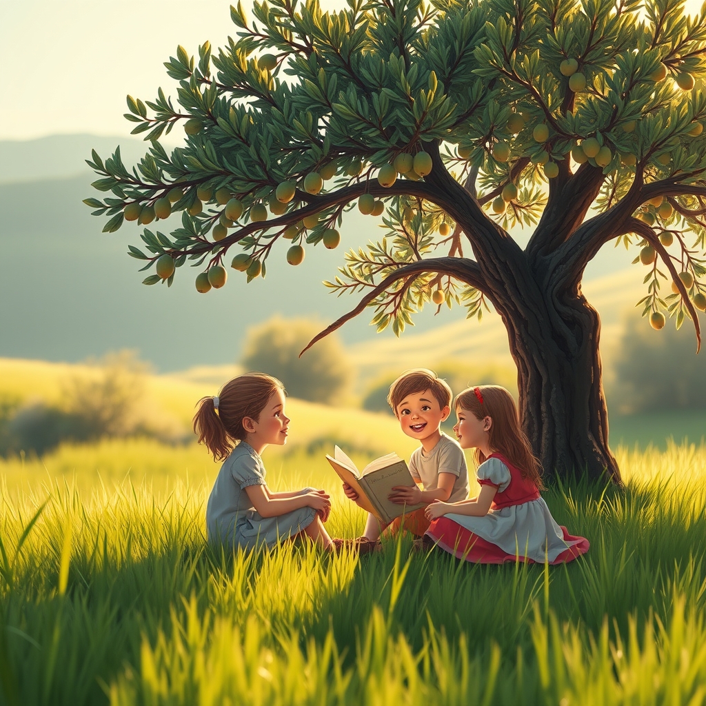 Children hearing Scripture under an olive tree — family Bible art by Providence AI
