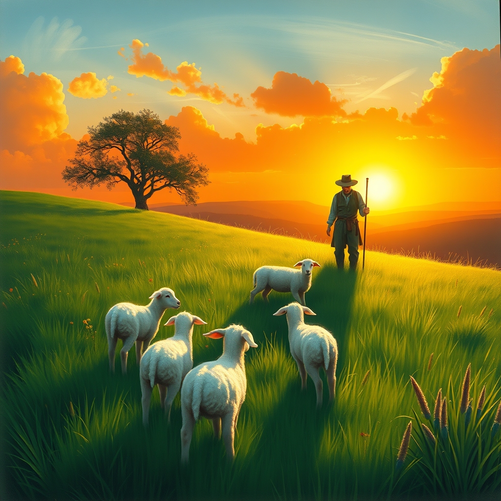 The good shepherd with his lambs at sunrise — Psalm 23 art made with Providence AI