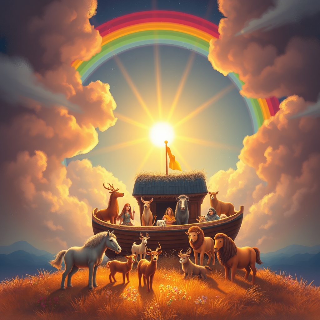 Noah's ark under a rainbow — joyful Bible story art made with Providence AI